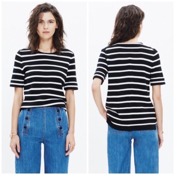 Madewell Black White Stripe Short Sleeve Sweater - Picture 1 of 5